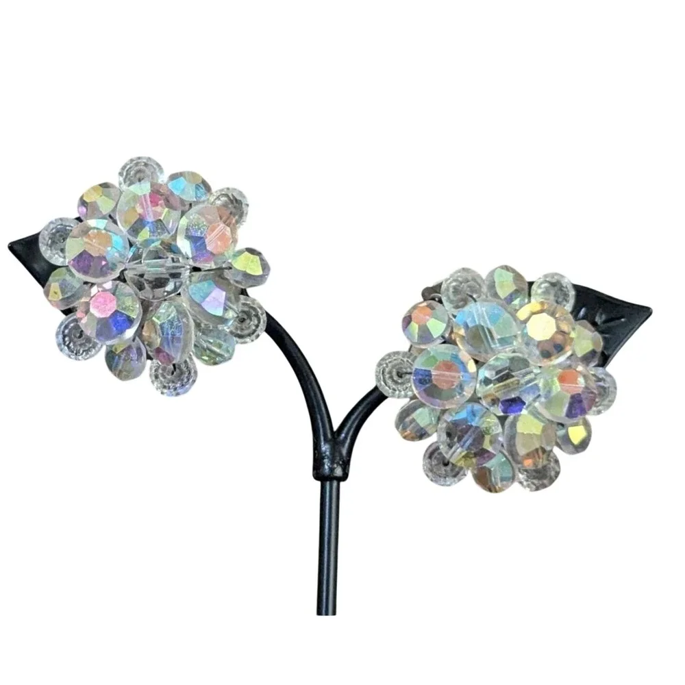 Vintage Aurora Borealis Crystal Cluster Clip On Earrings Silver Tone Floral‎ 60s